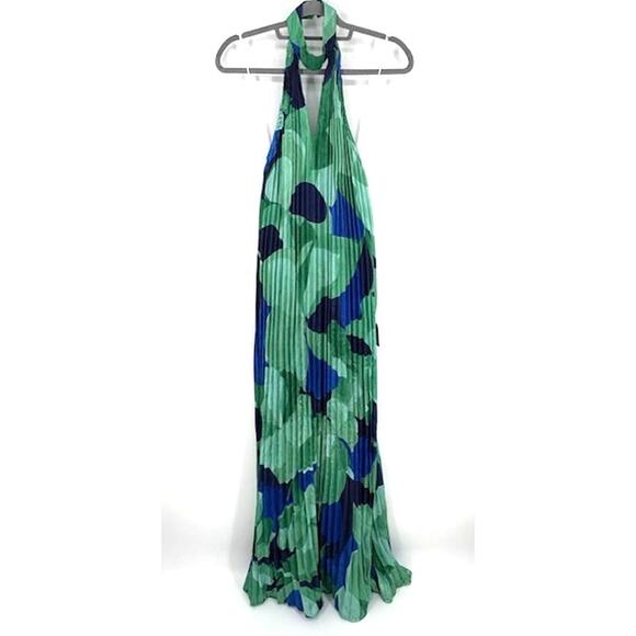 Lulus “Prime Poise” Green and Blue Abstract Satin Halter Maxi Dress – Medium NWT - Picture 4 of 8